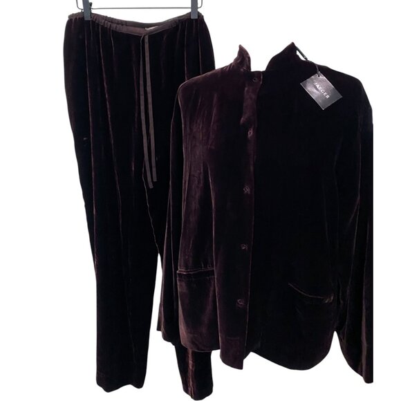 Vintage Jaeger Velvet Snap Front Shirt & Trousers Dark Brown Quiet Luxury Silk - Picture 1 of 11